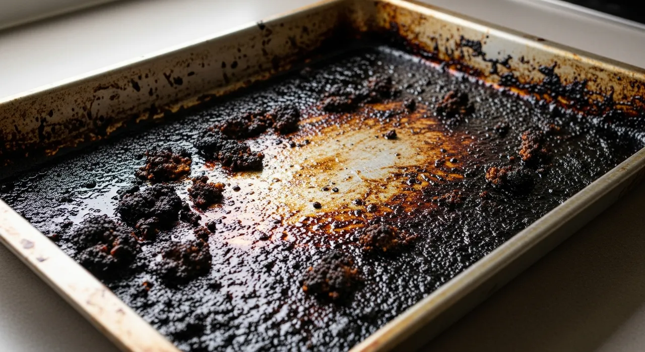 Dreckiges Backblech mit schwarzem eingebranntem Fett